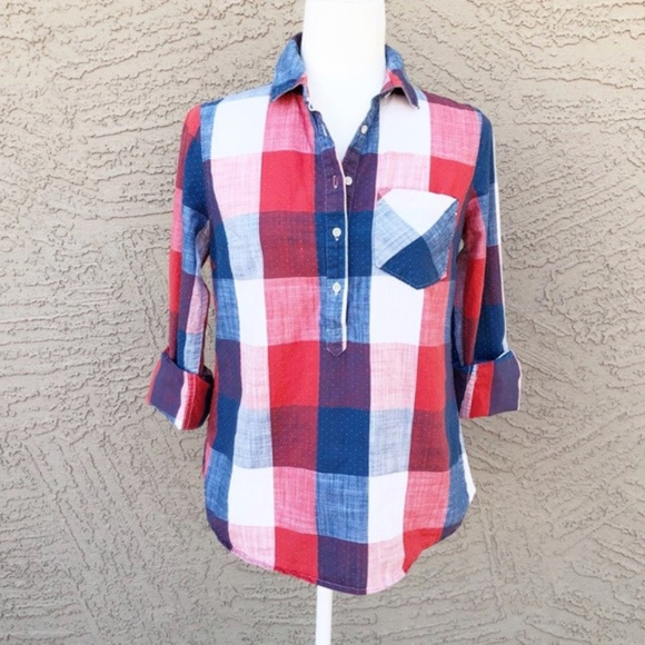 Merona Tops - Merona red white blue long sleeve button tunic  M